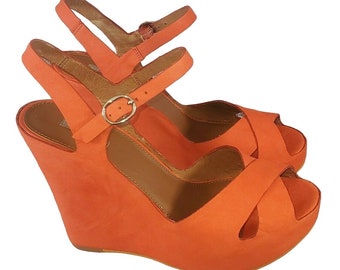 Matiko LYNN Papaya Orange Wedge Platform Peep Toe High Heels Pumps Shoes Sz. 8.5