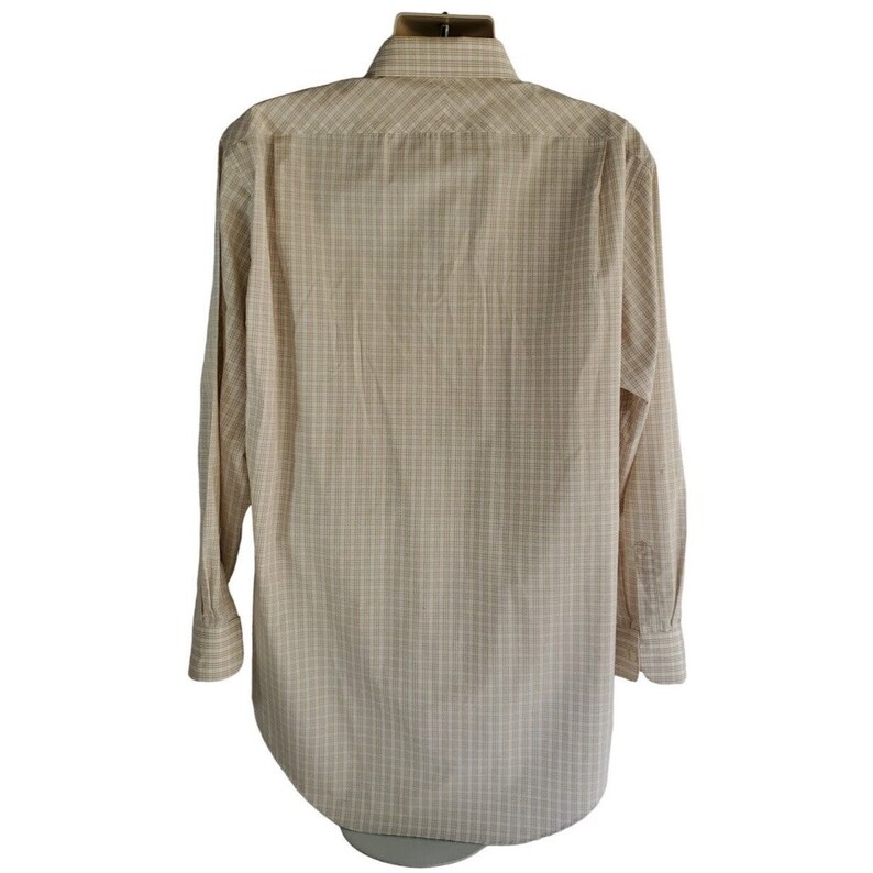 Lands End 17.5 36/37 Tall Wrinkle Free Button Dress Shirt Tan White Check Stripe afbeelding 3