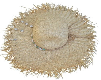 Tirabasso Raffia Sun Hat Womens Shells Frayed Brim Made In Italy Adjustable H43