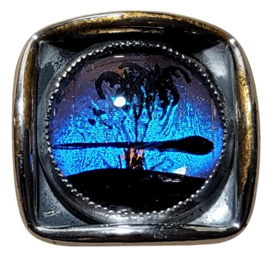Mid Century Blue Iridescent Tropical Palm Tree Island Silver Tone Cufflinks M30 View 4