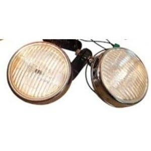 May include: Pair of chrome motorcycle headlights with a round design. The headlights have a clear lens with a ribbed pattern and are mounted on a black bracket. The lights are designed for motorcycles and provide bright illumination.