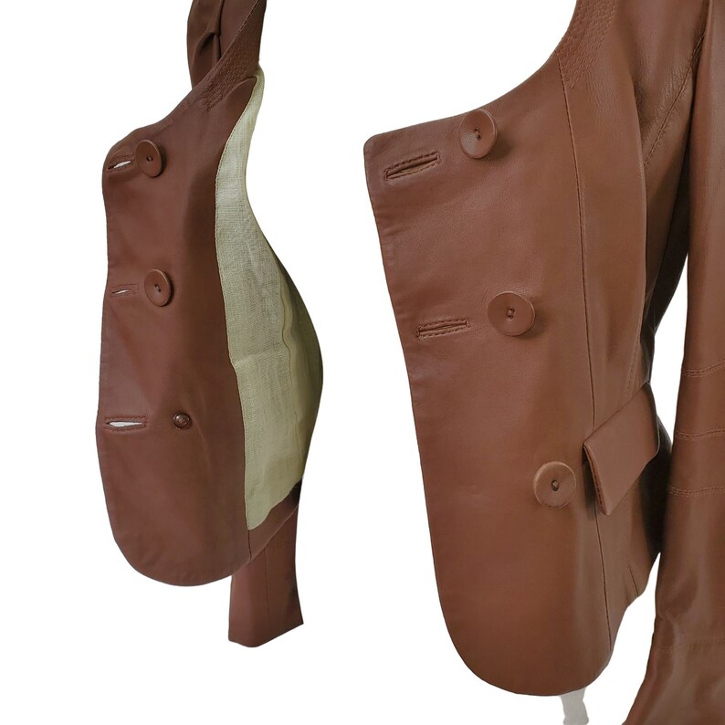 NEW Hoss Intropia Leather Jacket Crop Peplum Pockets Swoop Neck Buttons Brown 8 image 5