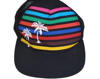 Rainbow Stripes & Palm Tree Snapback Hat Bright Mesh Foam Trucker Baseball Cap