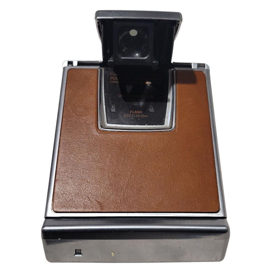 POLAROID SX-70 Land Camera Chrome Brown Leather Case Strap Papers