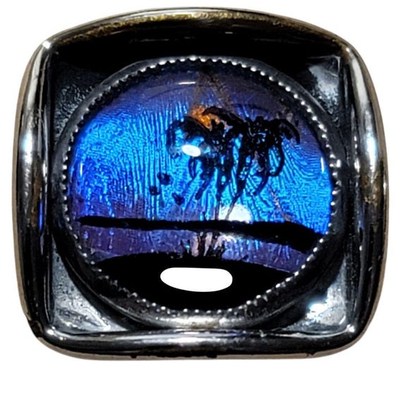 Mid Century Blue Iridescent Tropical Palm Tree Island Silver Tone Cufflinks M30 View 5