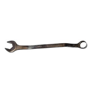 May include: A silver combination wrench with an open end and a closed end. The open end is crescent-shaped, and the closed end is a 12-point socket. The wrench is made of metal and is designed for tightening or loosening nuts and bolts.