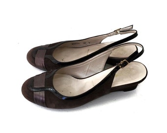 Bruno Magli Sling Back Pumps Size 8.5B Brown Vero Cucio Patent Suede Leather