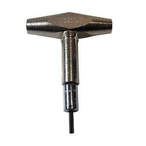 May include: A silver-colored T-handle tool with a hexagonal top and a cylindrical body. The tool has a socket at the bottom with a small, black, cylindrical extension. The tool is designed for tightening or loosening bolts.