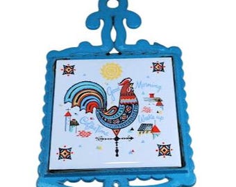 Vintage Rooster Trivet Wall Decor Made In Japan Blue Metal Tile M31