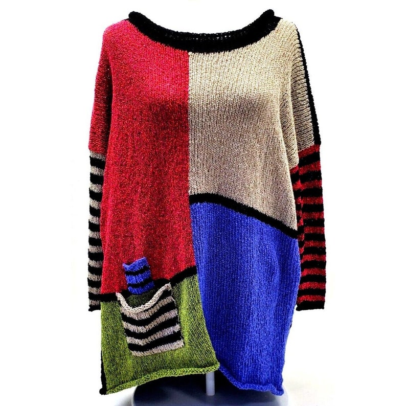 Designer One Size Color Block Hand Knit Sweater Woven W/Pockets Woven PULLOVER image 1