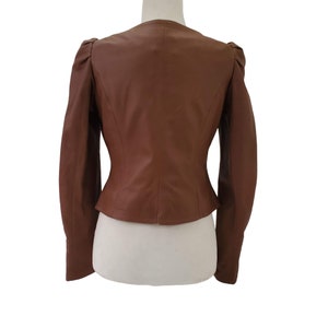 NEW Hoss Intropia Leather Jacket Crop Peplum Pockets Swoop Neck Buttons Brown 8 image 3