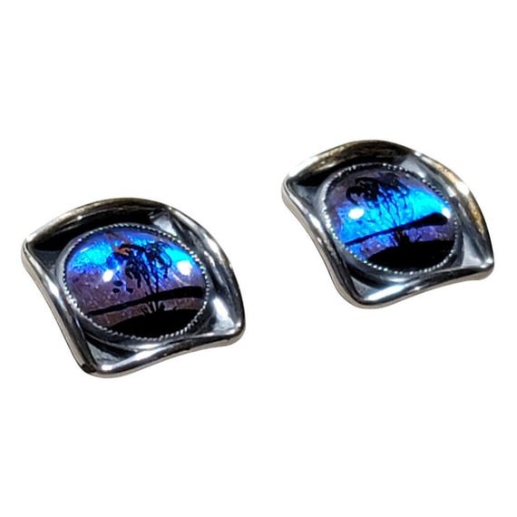 Mid Century Blue Iridescent Tropical Palm Tree Island Silver Tone Cufflinks M30 View 3