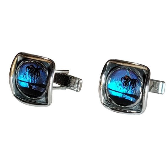 Mid Century Blue Iridescent Tropical Palm Tree Island Silver Tone Cufflinks M30 View 6