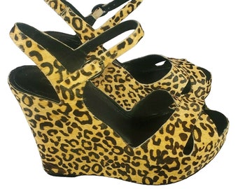 Matiko LYNN Leopard Tiger Tan Wedge Platform Peep Toe High Heels Pumps Shoes 7.5