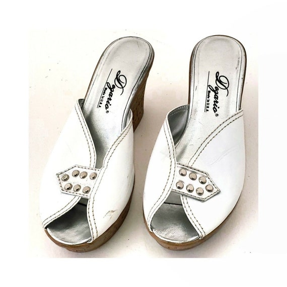 Dezario Cork High Heels White Leather Chrome Rive… - image 1