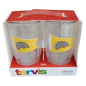 May include: Two clear 16 oz Tervis tumblers with yellow flags featuring a gray bear logo. The tumblers are packaged in a red box with the Tervis logo and the text "keeps drinks hot & cold" and "Made in America".