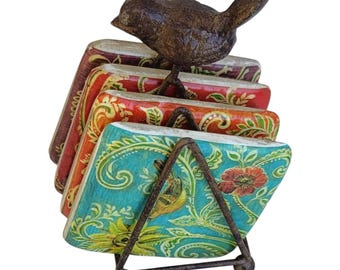 Kate McRostie Bird Coasters Set 4 Metal Bird Stand Floral Cork Back T2