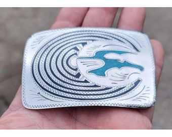 Navajo Jackson Nez Sterling Silver Overlay Belt Buckle Man in the Maze Eagle 76g