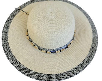 Solfish Womens Small Straw Sun Hat Natural Fibre Wide Brim Beaded Band H43