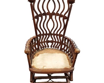 19th Century George Hunzinger High Back Rocking Chair RARE Wavy Lollipop Design