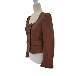 NEW Hoss Intropia Leather Jacket Crop Peplum Pockets Swoop Neck Buttons Brown 8 image 2