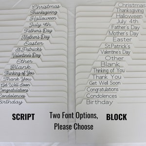 May include: Two sets of white cardstock dividers with labels for various occasions, including holidays and sentiments. One set features script font, the other block font. Text includes "Christmas," "Thanksgiving," and "Birthday." The image text reads "Two Font Options, Please Choose."