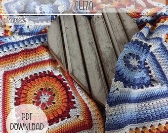 Crochet Blanket Pattern -  Eliza Throw Square Afghan Blanket - Digital Download