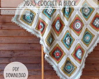 Crochet Blanket Pattern -  2023 Crochet A Block Throw Square Afghan Blanket - Digital Download