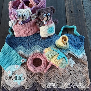 May include: A selection of handmade crochet items, including teddy bears, a blanket, a bib, a donut, and a starfish. The items are in pastel colours, with a beach theme. The text "PDF DOWNLOAD" is visible.