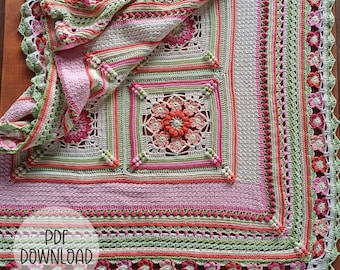Crochet Blanket Pattern -  Annatjies Garden Throw Square Afghan Blanket - Digital Download