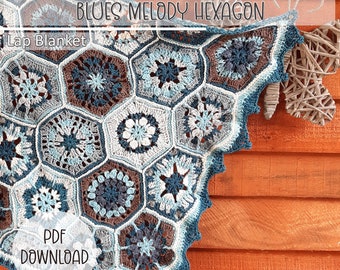 Crochet Blanket Pattern -  Blues Melody Hexagon Lap Blanket - Digital Download