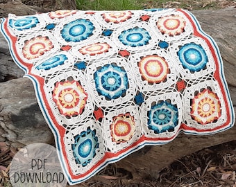Crochet Blanket Pattern -  The Cassiopeia Throw Square Afghan Blanket - Digital Download