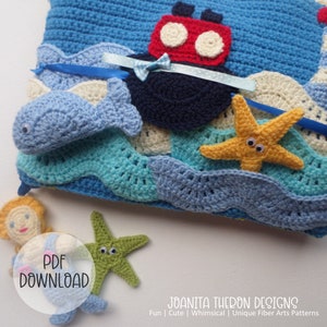 May include: A crochet baby blanket with a blue, white and green ocean theme. The blanket features a red and blue boat, a blue whale, a yellow starfish and a green starfish. The blanket is made with soft yarn and is perfect for a baby's nursery.