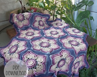 Crochet Blanket Pattern -  Passion Flower Hexagon Lap Throw Blanket - Digital Download