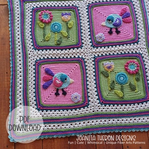 Crochet Blanket Pattern -  Whimsical Birdy Flower Square Baby Blanket - Digital Download