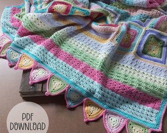 Crochet Blanket Pattern -  Scrapstopia Throw Square Afghan Blanket - Digital Download