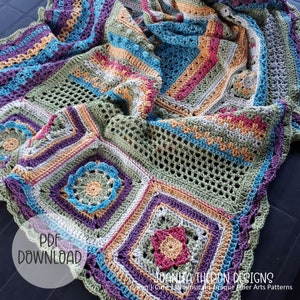 Crochet Blanket Pattern -  Scrapsadelic Groovy Throw Square Afghan Blanket - Digital Download
