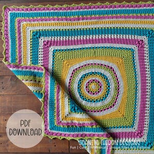 May include: A square crochet blanket featuring concentric patterns in vibrant shades of teal, magenta, lime green, yellow, and white. The design transitions from a circular center to a square border with a scalloped edge. Text reads PDF DOWNLOAD.