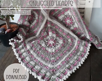 Crochet Blanket Pattern -  Snuggled Hearts Square Baby Blanket - Digital Download