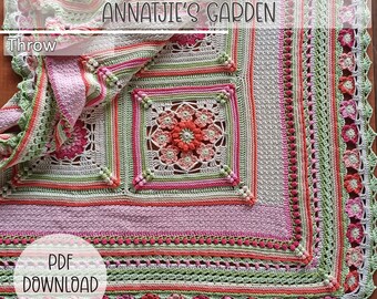 Crochet Blanket Pattern -  Annatjies Garden Throw Square Afghan Blanket - Digital Download