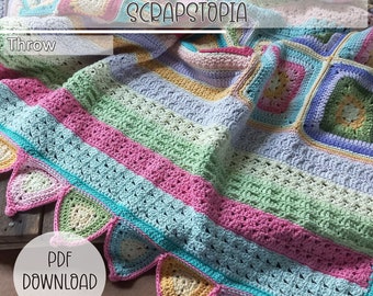 Crochet Blanket Pattern -  Scrapstopia Throw Square Afghan Blanket - Digital Download