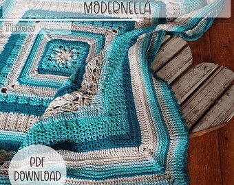 Crochet Blanket Pattern -  Modernella Throw Square Afghan Blanket - Digital Download