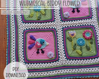 Crochet Blanket Pattern -  Whimsical Birdy Flower Square Baby Blanket - Digital Download
