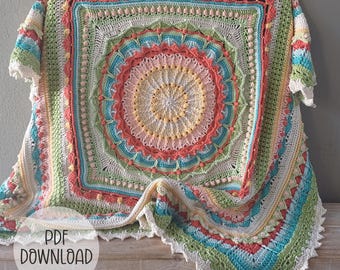 Padrão de manta de crochê - Manta quadrada Mandala Whispers of Color - Download digital