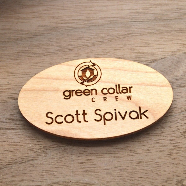 Oval Wooden Name Tags - Laser engraved , with magnetic holder