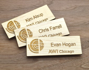 Wooden Name Tags - Laser engraved , with magnetic holder