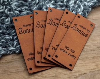 Custom Faux Leather Tags 0.85x2.25 inches - Personalized labels, Knitting Labels Custom , SEW ON Personalized Tags for Handmade Items