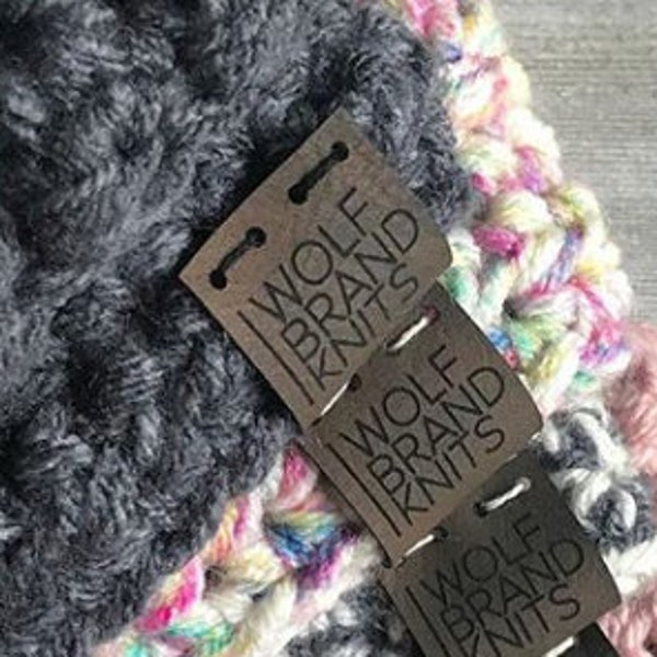 20 Personalized Faux Leather Knitting Labels - Custom Clothing Tags (1x2 inch)