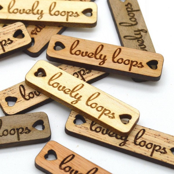 50 Product Tags with heart shaped holes - Customized with your text - 0.4 x 1.6 Inch - laser cut and engraved