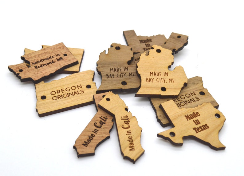 25 Wooden Custom Product Tags US States shapes laser cut and engraved image 3